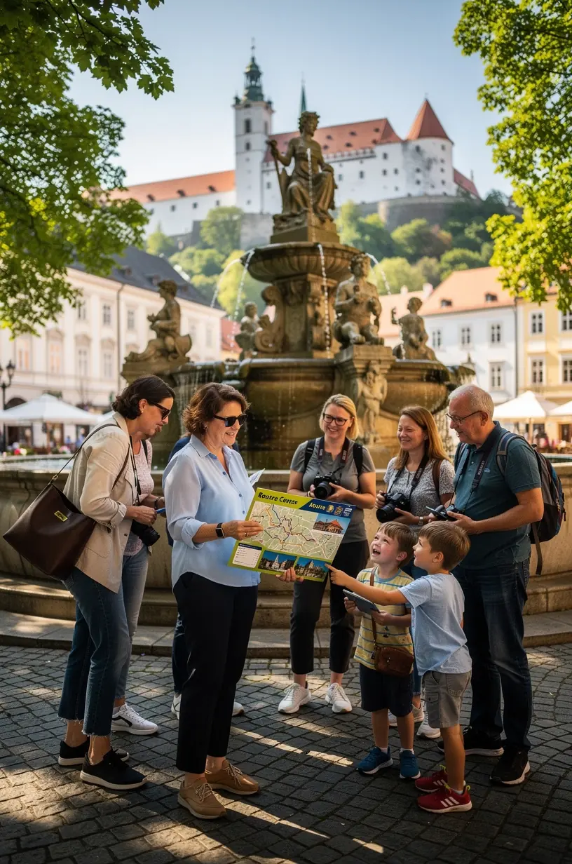 Turisti prechádzajúci úzkymi historickými uličkami Žiliny počas organizovanej prehliadky mesta.