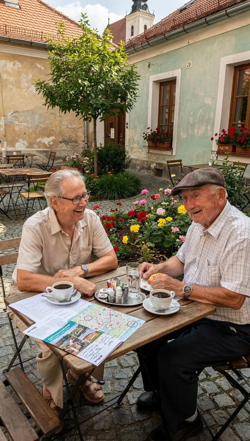 Sprievodca vysvetľujúci históriu a kultúru Trenčína pred hradom, obklopený zvedavými turistami.